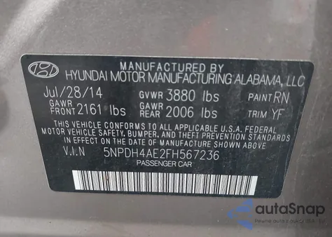 2015 Hyundai Elantra Se from USA, damaged, VIN 5NPDH4AE2FH567236